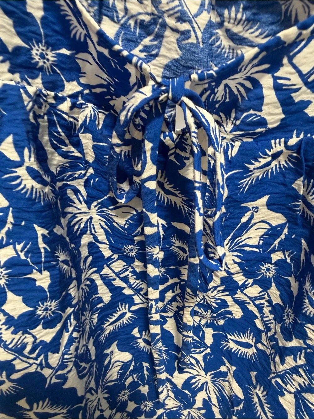 LOFT Royal Blue and White Floral Tie-Front Blouse
